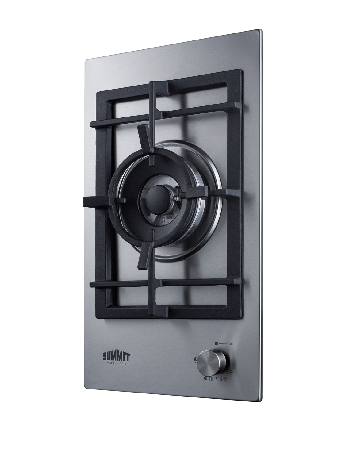 1-burner gas cooktop made in Italy with a sealed dual-burner, cast iron grate, and a 304 grade stainless steel surface